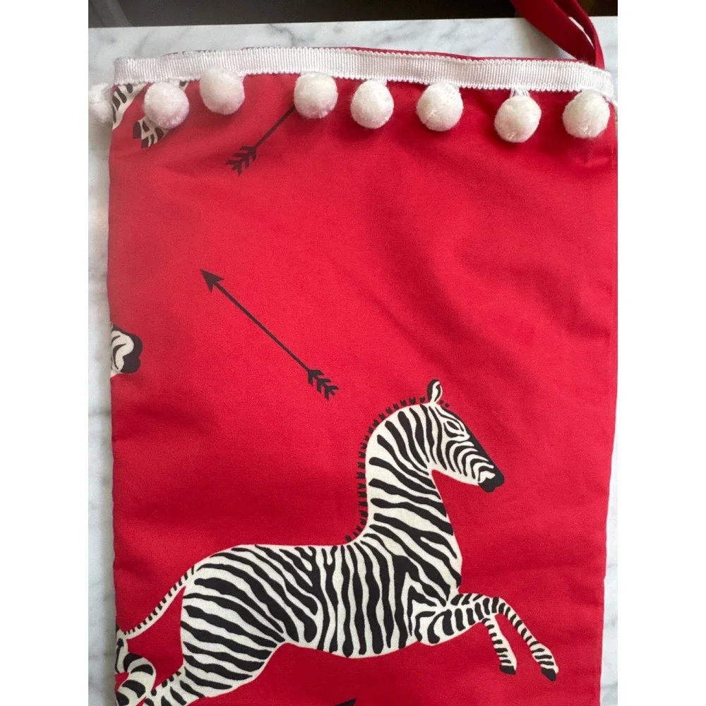 Scalamandre Zebra Christmas Stocking Red Cotton Pom Pom Trim Safari  Decor